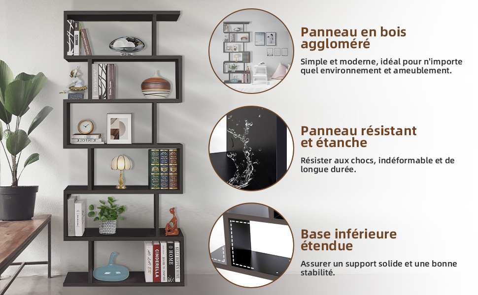 Bibliotheque à 6 Étagère, Etagere, Charge 20kg, Bibliothèque En Aggloméré, Cloison, Etagere Salon En Forme S Pour Salon, Bureau, Chambre, Cuisine, Noir 15 A-2-3