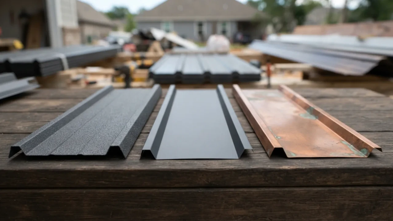 Steel, aluminum, and copper metal roofing material samples compared