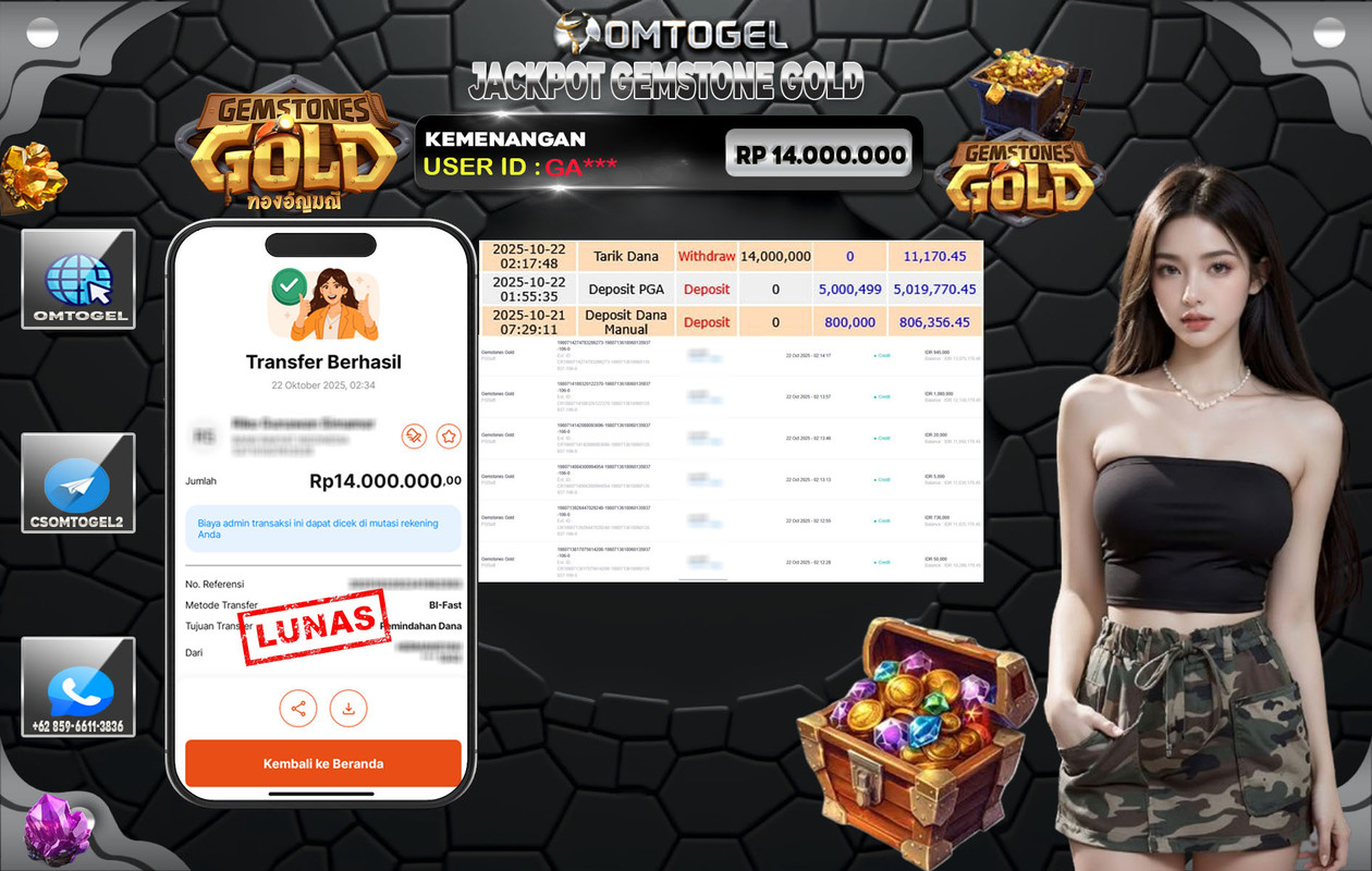 OMTOGEL JACKPOT PGSOFT GEMSTONES GOLD 14 JUTA DI BAYAR LUNAS ,-