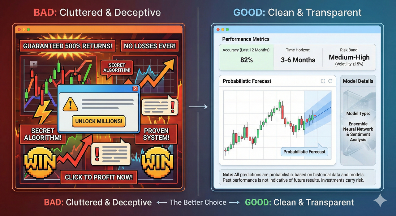 Side-by-side comparison of a bad versus good AI market prediction platform interface