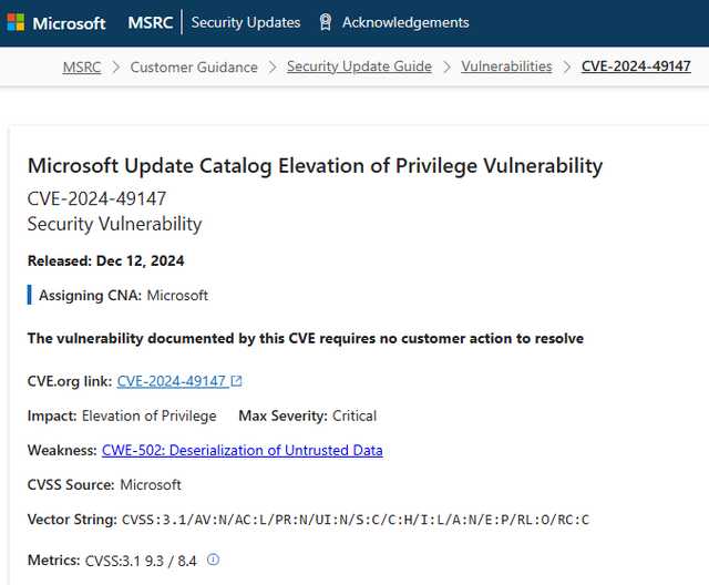 Microsoft Update Catalog: Sicherheitsrisiko durch Rechteerweiterungen (CVE-2024-49147)