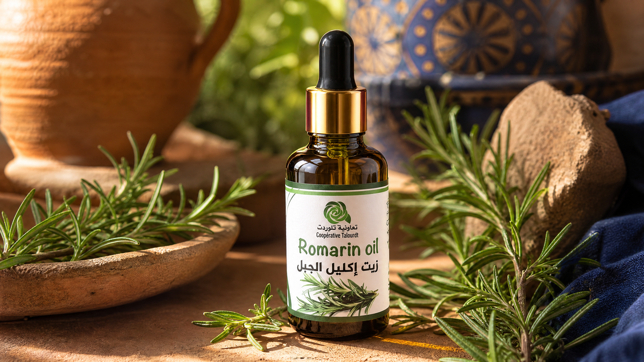 Aceite de romero de tradición marroquí rodeado de ramas de romero fresco