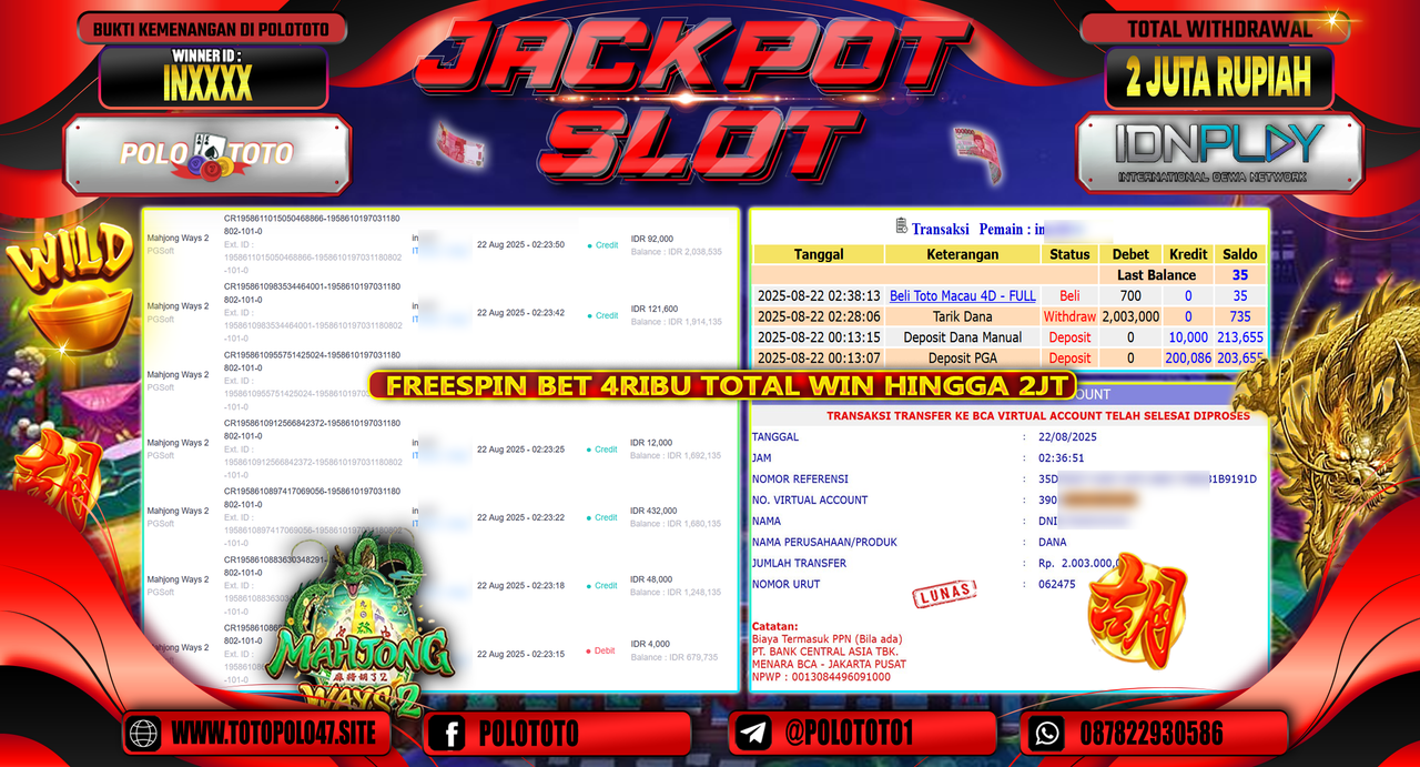 POLOTOTO JACKPOT SLOT MAHJONG WAYS 2 Rp.2.003.000,-