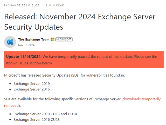 Microsoft Exchange November 2024 Updates stopped