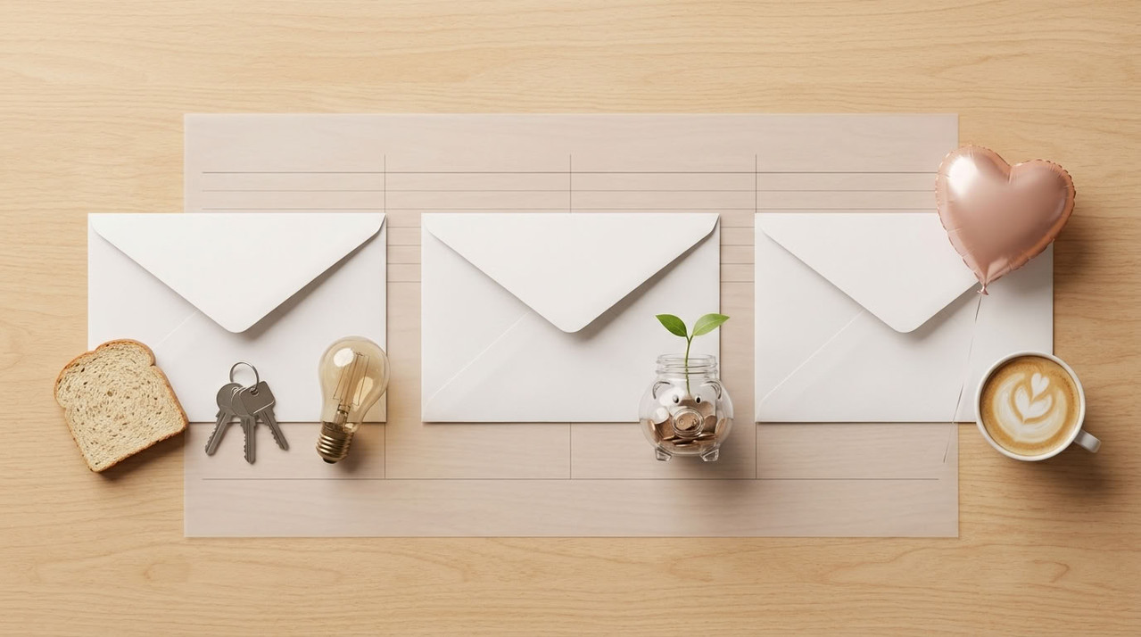 Три конверта для распределения бюджета на столе