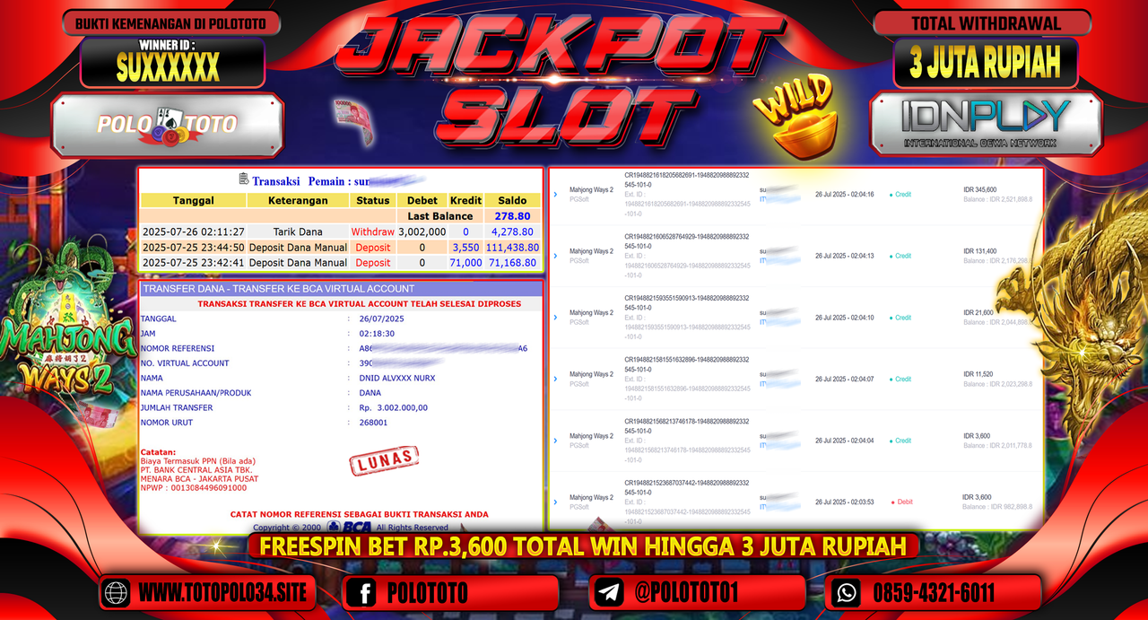 POLOTOTO JACKPOT SLOT MAHJONG WAYS 2 Rp.3.000.000,-LUNAS
