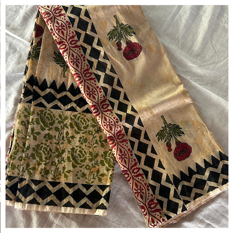 Hand Block Printed Beige Textured Saree with Red Flowers and Black and Green Border