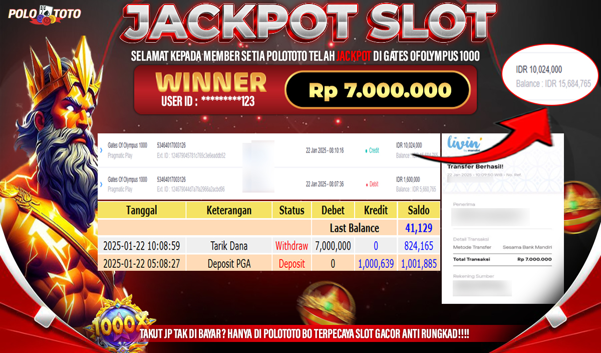 POLOTOTO JACKPOT SLOT GATES OF OLYMPUS 1000 Rp.7,000.000,-