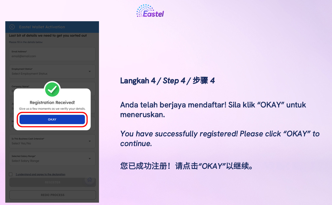Langkah 5 Pengaktifan Eastel Wallet
