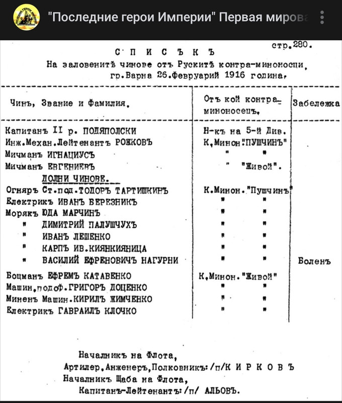 1916 спасенные при гибели ЭМ Л-т ПУЩИН