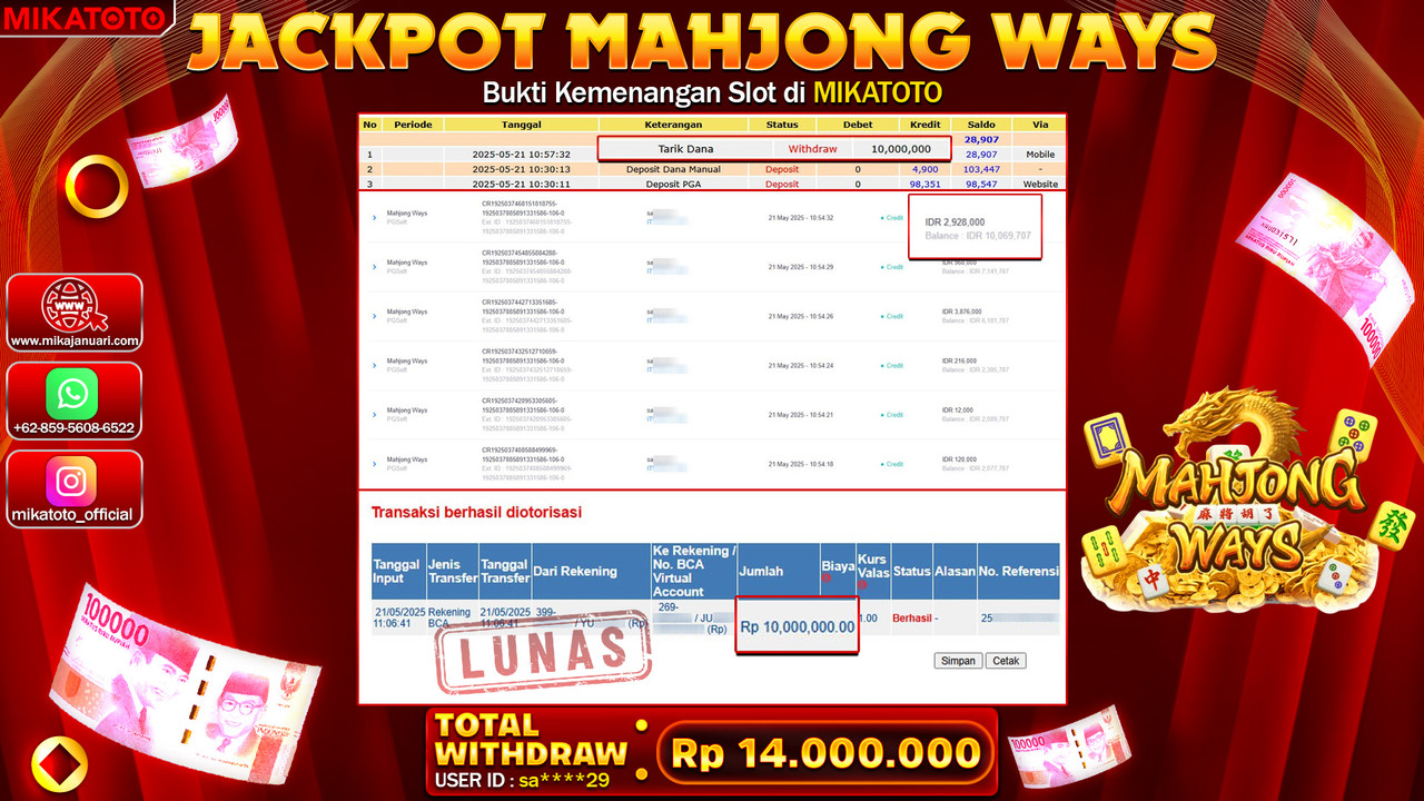🏆 SELAMAT KEPADA PEMENANG JACKPOT DI Mahjong Ways 14,000,000🏆