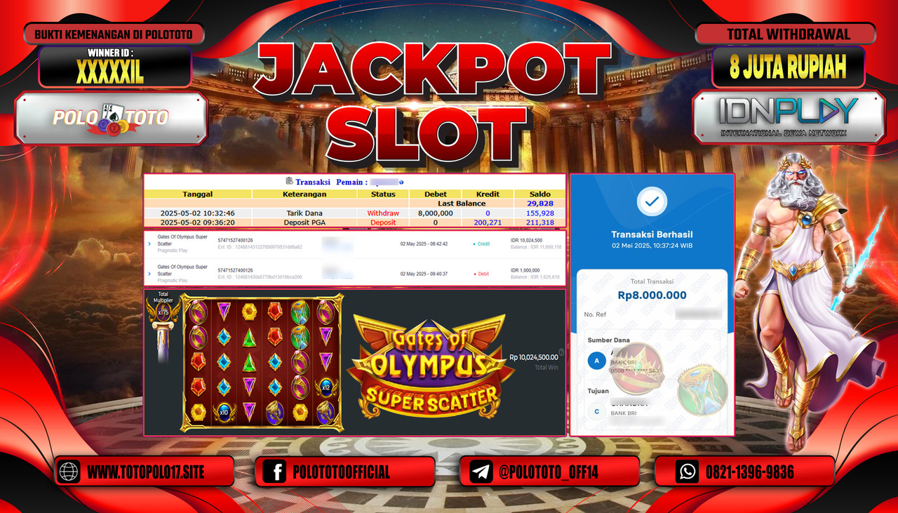 POLOTOTO JACKPOT SLOT GATES OF OLYMPUS SUPER SCATTER Rp.8.000.000,-