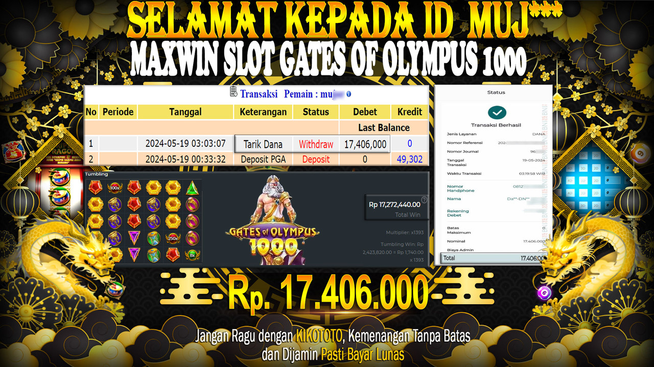 MAXWIN !!! MENANG BESAR DI SLOT GATES OF OLYMPUS 1000 SEBESAR Rp 17,406,000 LANGSUNG DI BAYAR KIKOTOTO !!!!