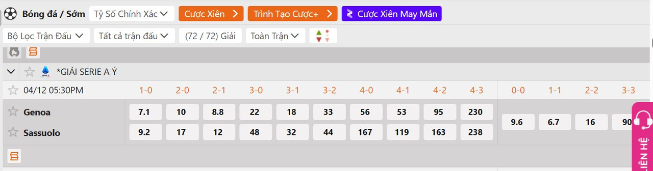 Tỷ lệ tỷ số chính xác Genoa vs Sassuolo
