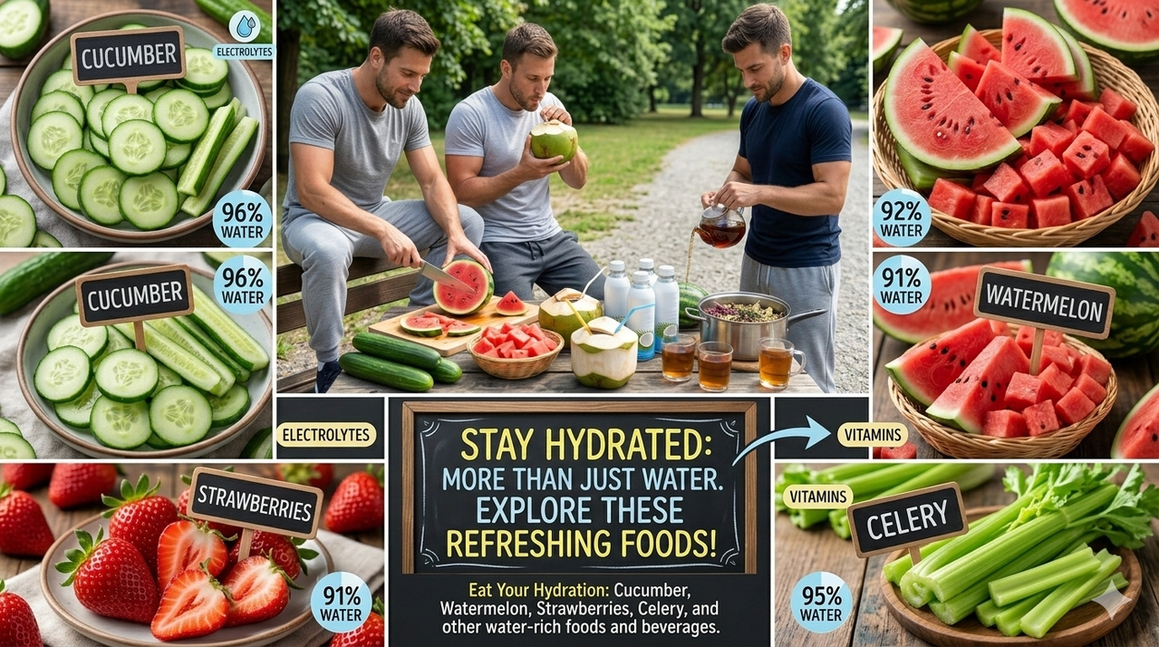 Collage of cucumber, watermelon, strawberries, and celery for how to stay hydrated more than just drinking water