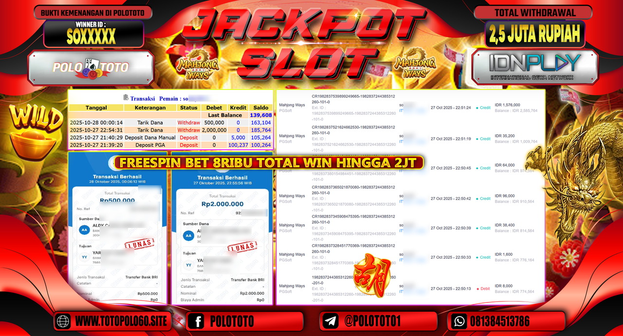 POLOTOTO JACKPOT SLOT MAHJONG WAYS Rp.2.500.000,- LUNAS