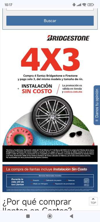 Costco: 4X3 en llantas Bridgestone y Firestone. 
