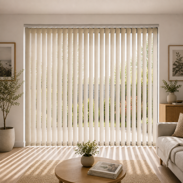 Vertical blinds installed across a wide glass door