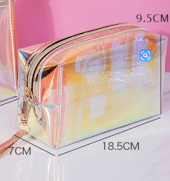 Holographic TPU Cosmetic Bag - Waterproof Iridescent Makeup Pouch with Wrist Strap - Transparent Travel Toiletry Organiser - 18.5cm