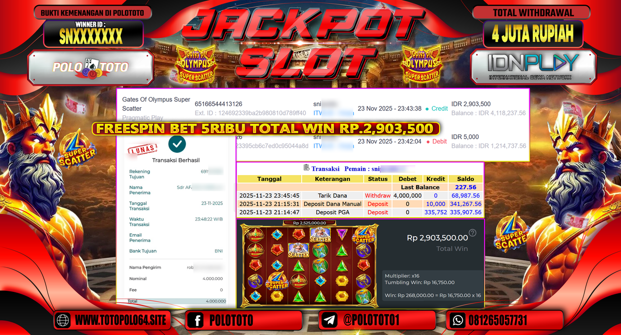 POLOTOTO JACKPOT SLOT GATES OF OLYMPUS SUPER SCATTER Rp.4.000.000,- LUNAS