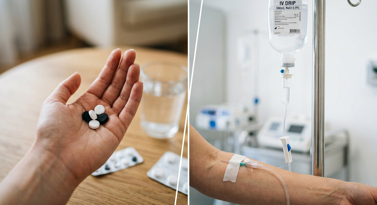 Сравнение таблеток и капельницы для лечения похмелья.