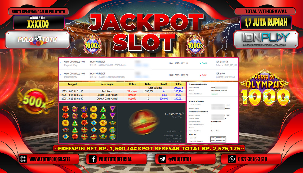 POLOTOTO JACKPOT SLOT GATES OF OLYMPUS 1000 Rp.1.700.000,- LUNAS