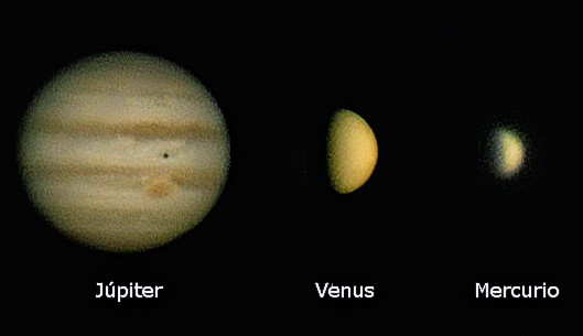Comparativa de tama�o aparente entre J�piter, Venus y Mercurio