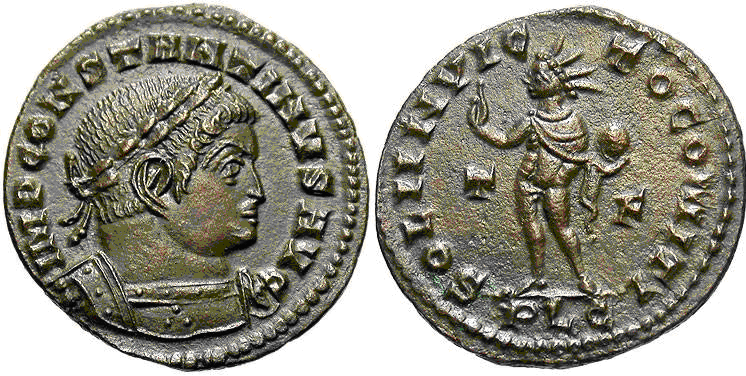 Nummus de Constantino I. SOLI INVICTO COMITI. Sol a izq. Lyon 1
