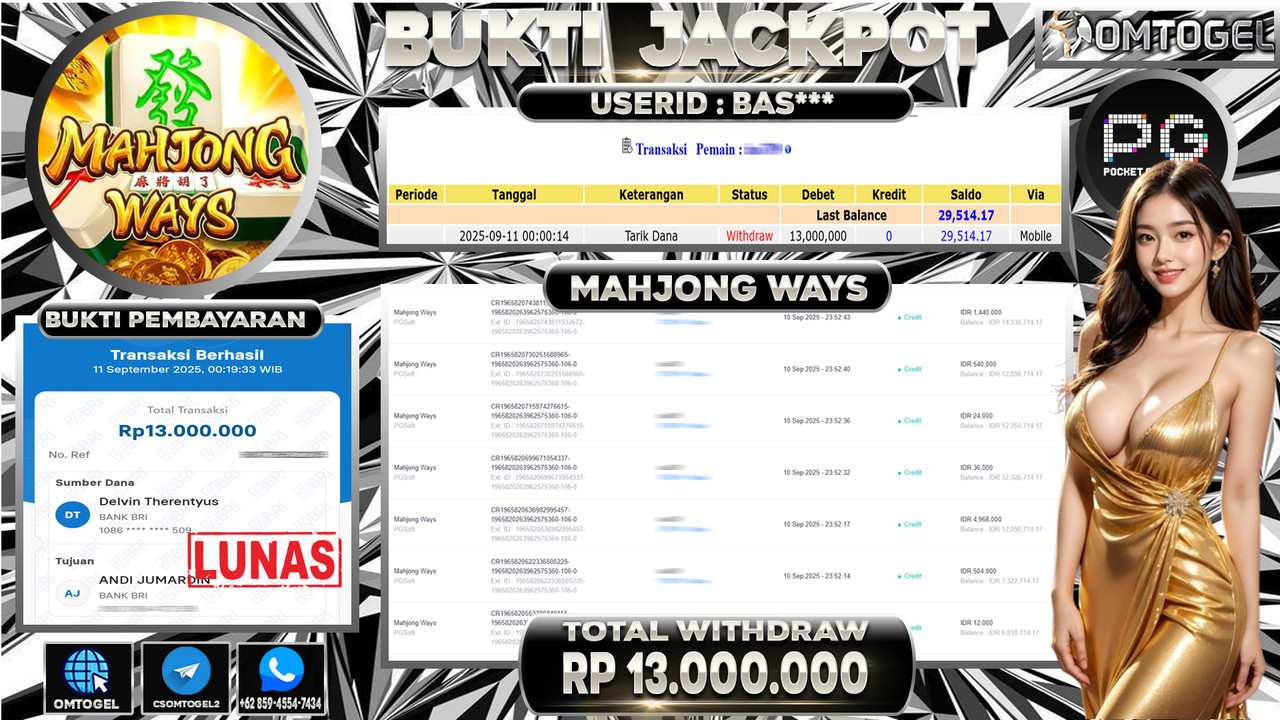 OMTOGEL JACKPOT PGSOFT MAHJONG WAYS 13 JUTA DI BAYAR LUNAS ,-