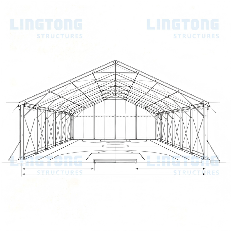 A-frame structure drawing of sports tent showing detailed frame layout and support system for tennis court applications