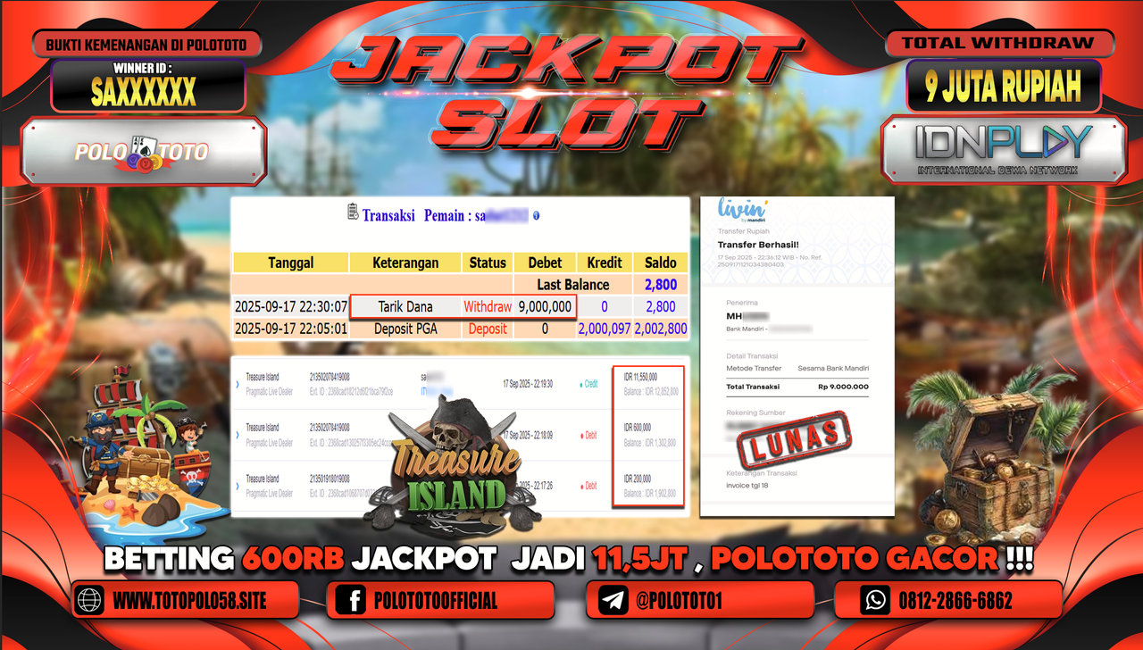 POLOTOTO JACKPOT SLOT TREASURE ISLAND Rp.9.000.000,-