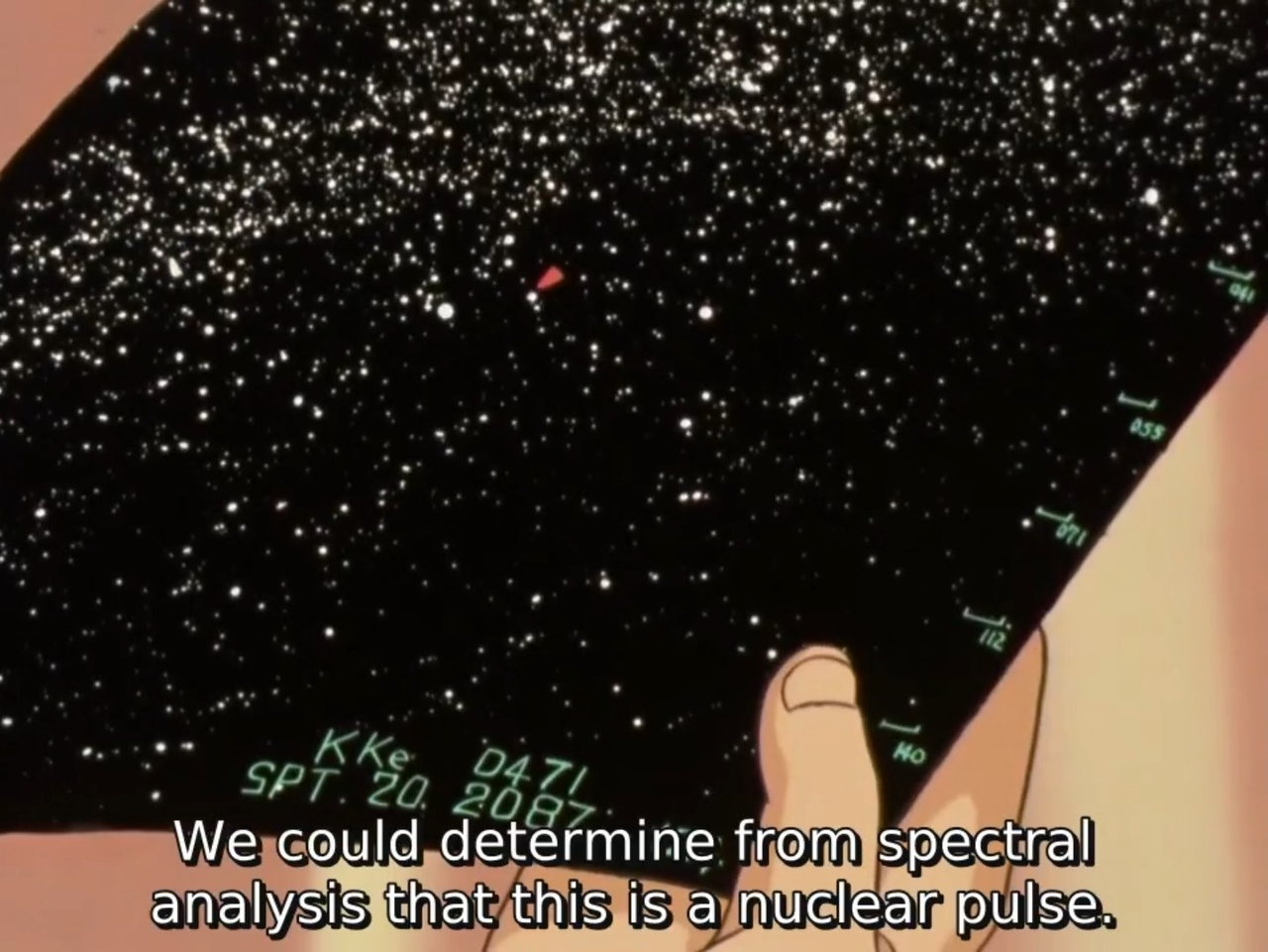 Screenshot of Char looking at an infrared readout, captioned, "We could determine from spectral analysis that this is a nuclear pulse."