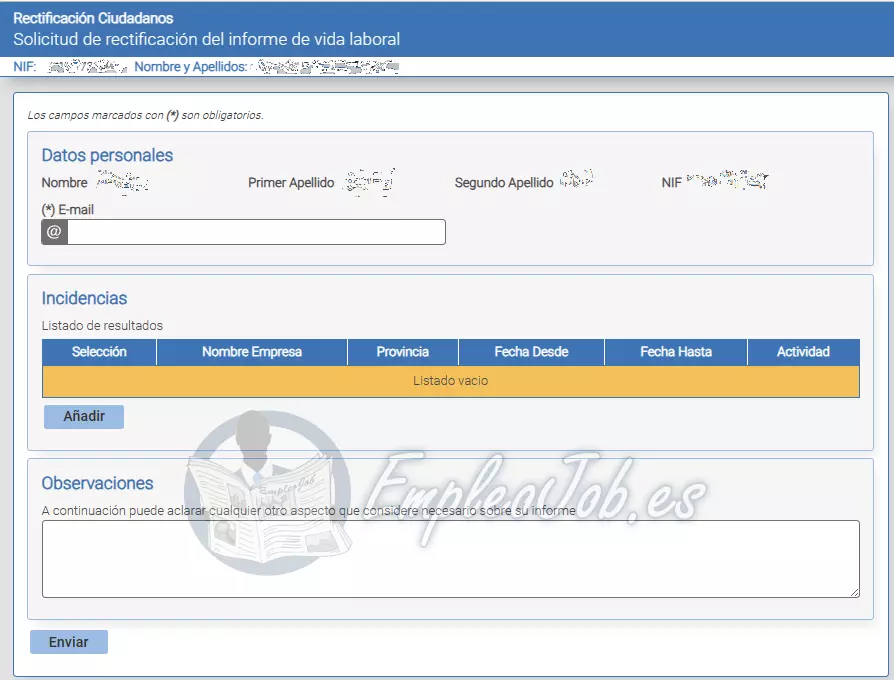 Formulario rectificación vida laboral Seguridad Social