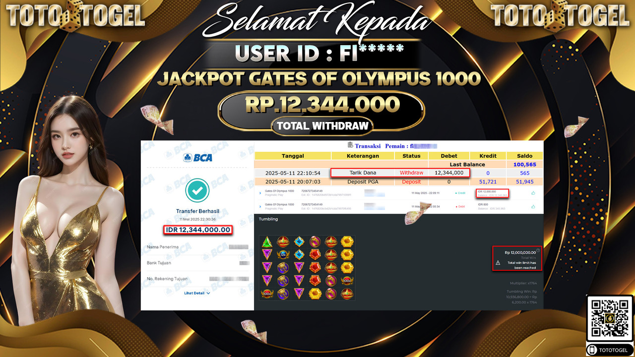Bukti Pembayaran Jackpot  Permainan Slot Gates Of Olympus 1000 ID:FI***** LUNAS