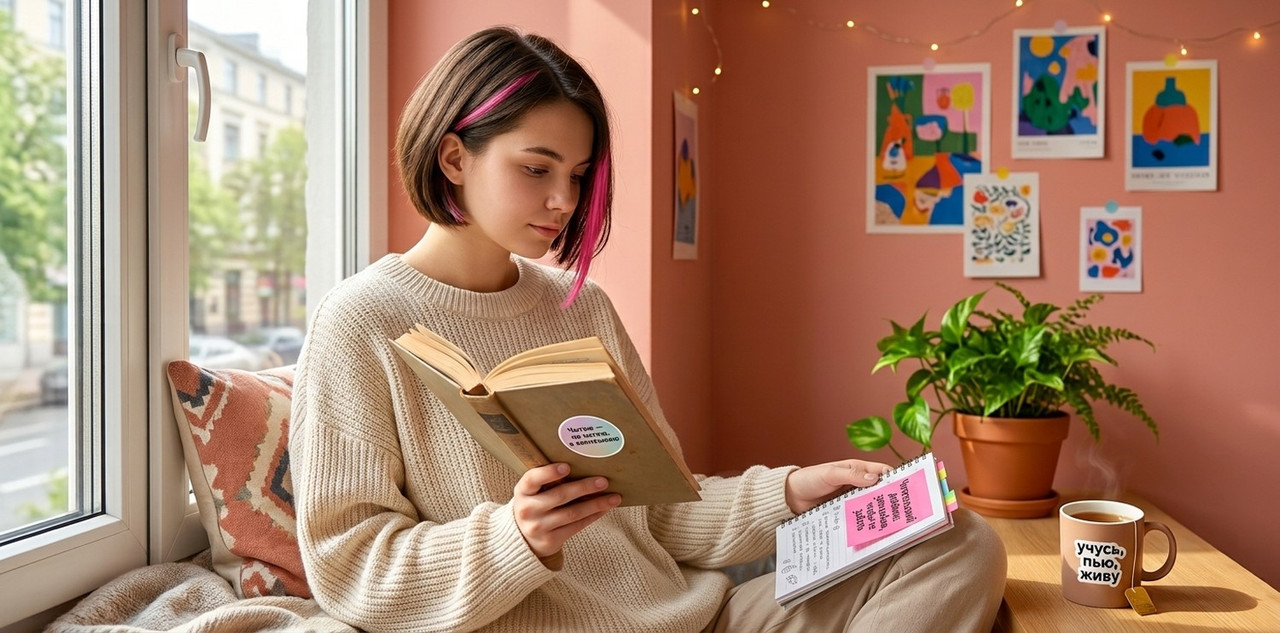 a young female student with a short modern haircut with a single bright pink