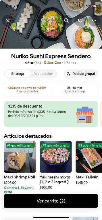 Uber Eats: Nuriko Sushi Express 56 pesos 2 rollos | Uber One, leer descripción 
