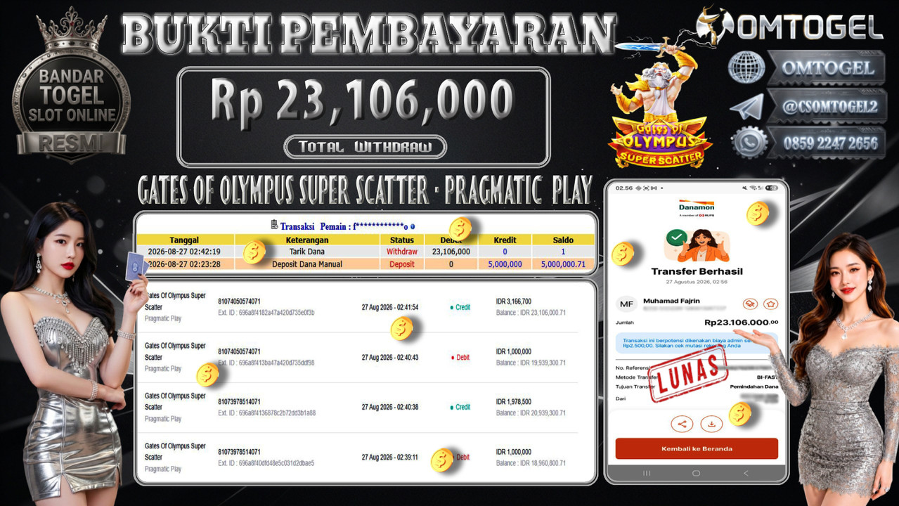 OMTOGEL JACKPOT PRAGMATIC PLAY GATES OF OLYMPUS SUPER SCATTER Rp,23,106,000,- DIBAYAR LUNAS 