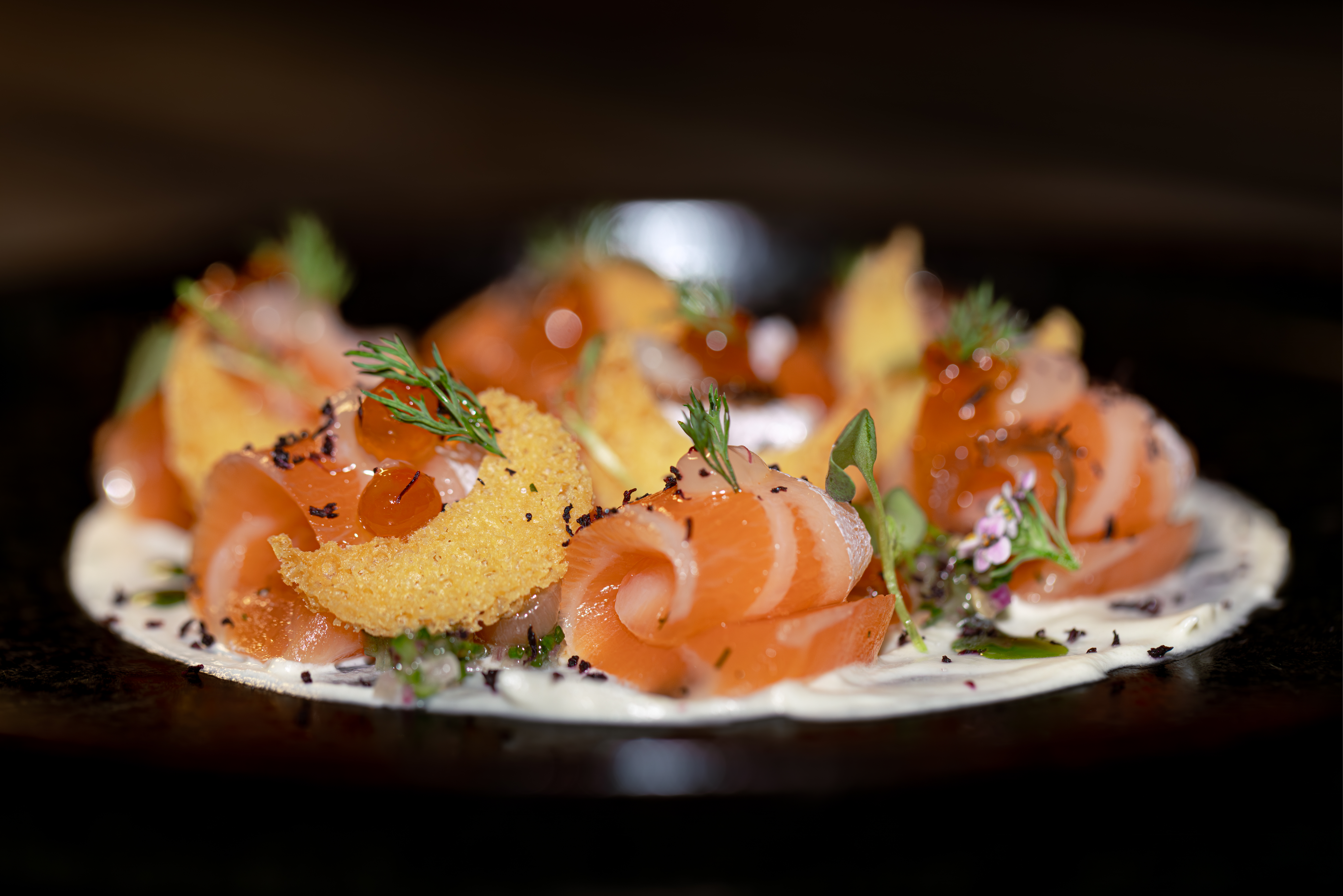 Nami Lake Nona cured salmon crudo with crème fraîche and brioche croutons