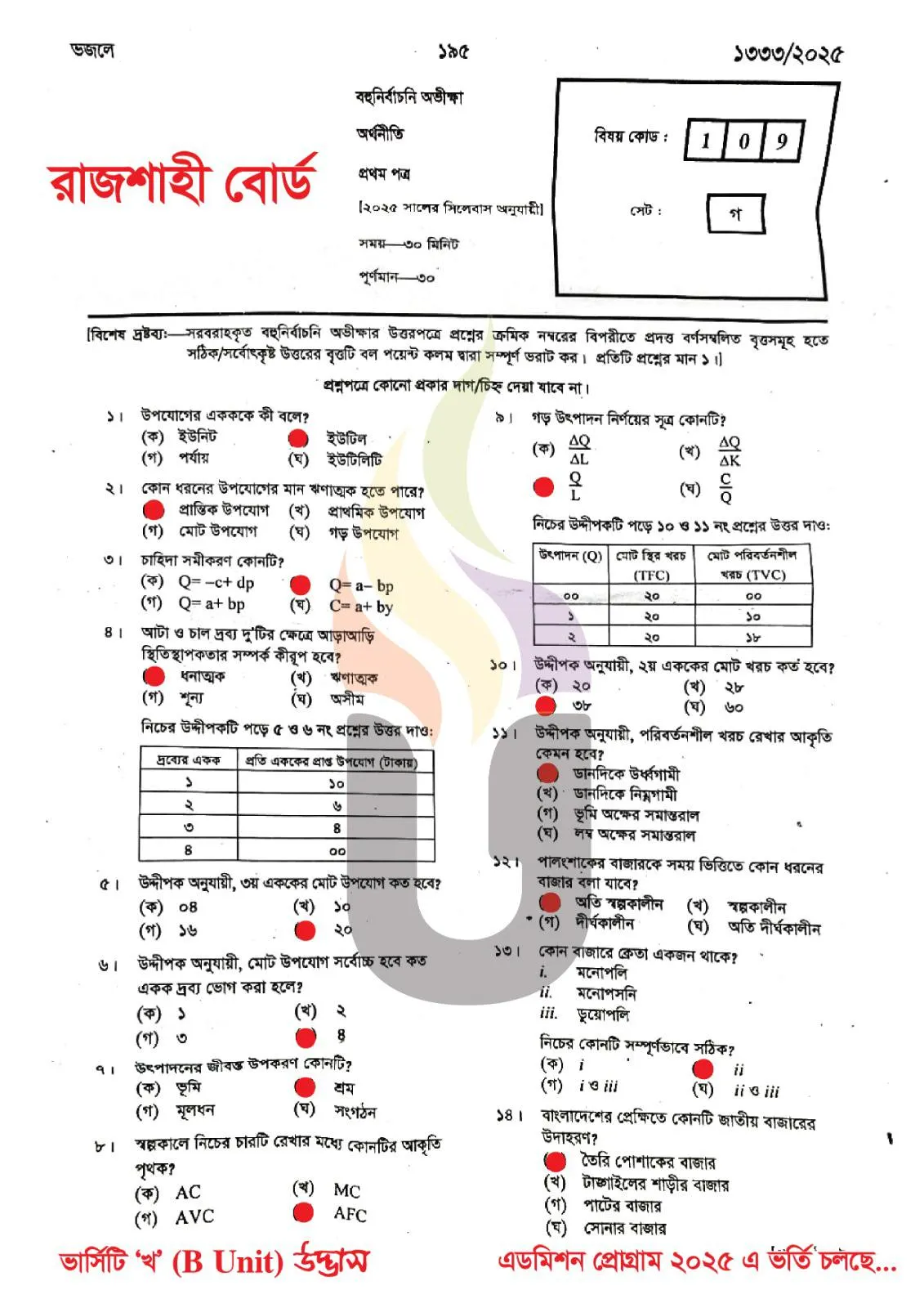 Economics 1st Paper MCQ Question Solution Rajshahi Board HSC 2025