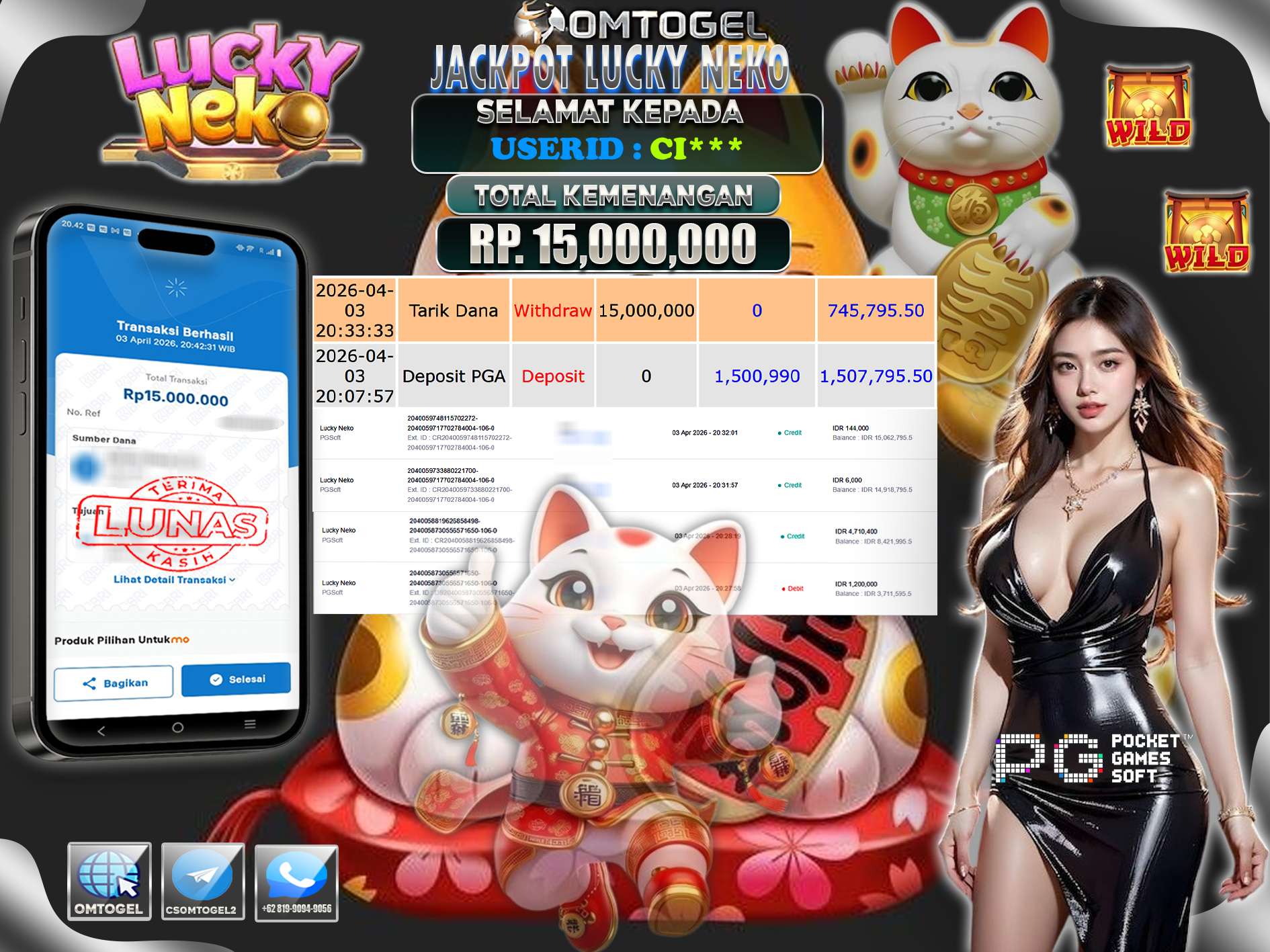 OMTOGEL JACKPOT PGSOFT LUCKY NEKO , 15 JUTA DI BAYAR LUNAS ,-