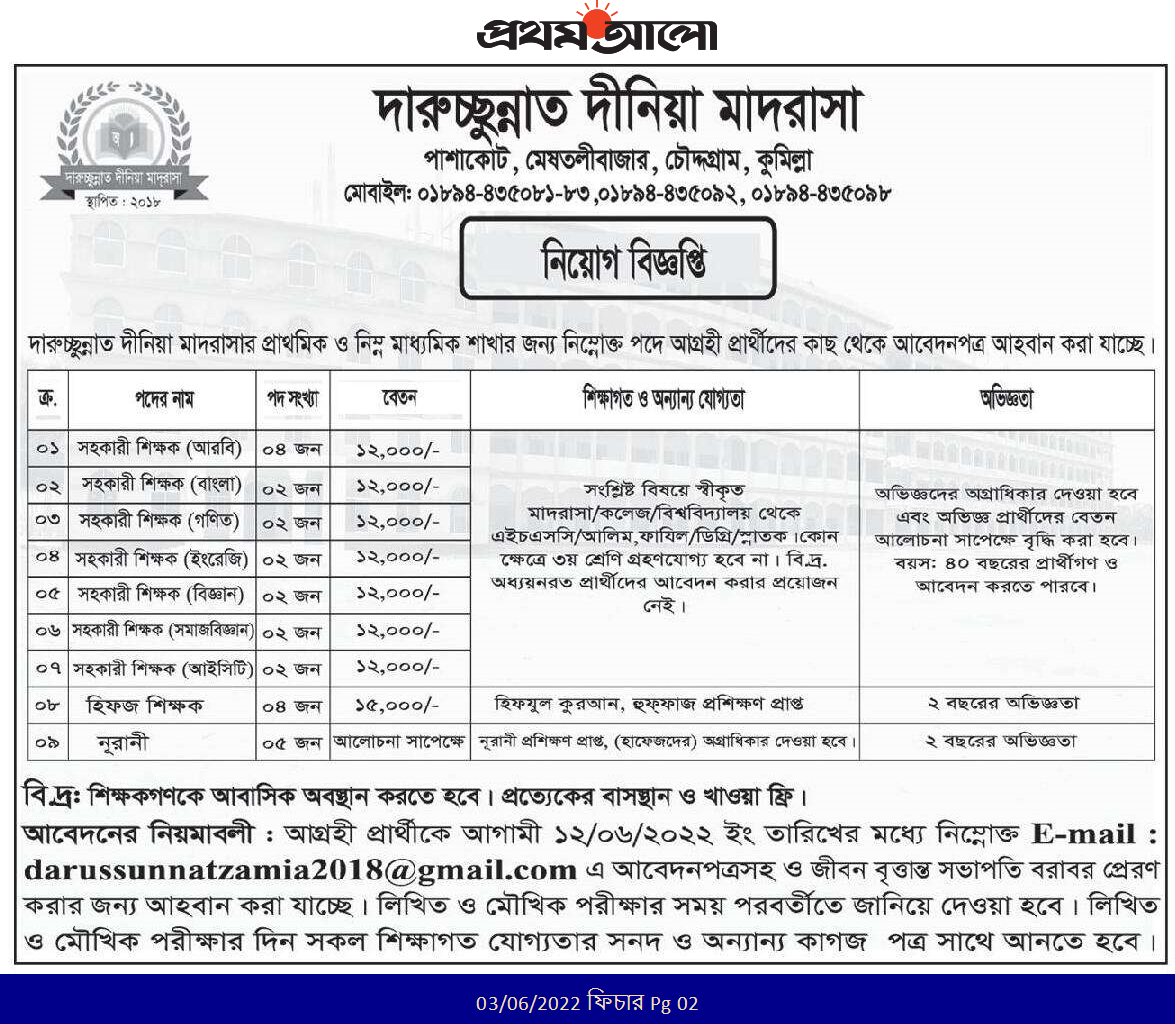 দারুচ্ছুন্নাত দীনিয়া মাদরাসা নিয়োগ বিজ্ঞপ্তি ২০২২ 3 দারুচ্ছুন্নাত দীনিয়া মাদরাসা নিয়োগ বিজ্ঞপ্তি ২০২২