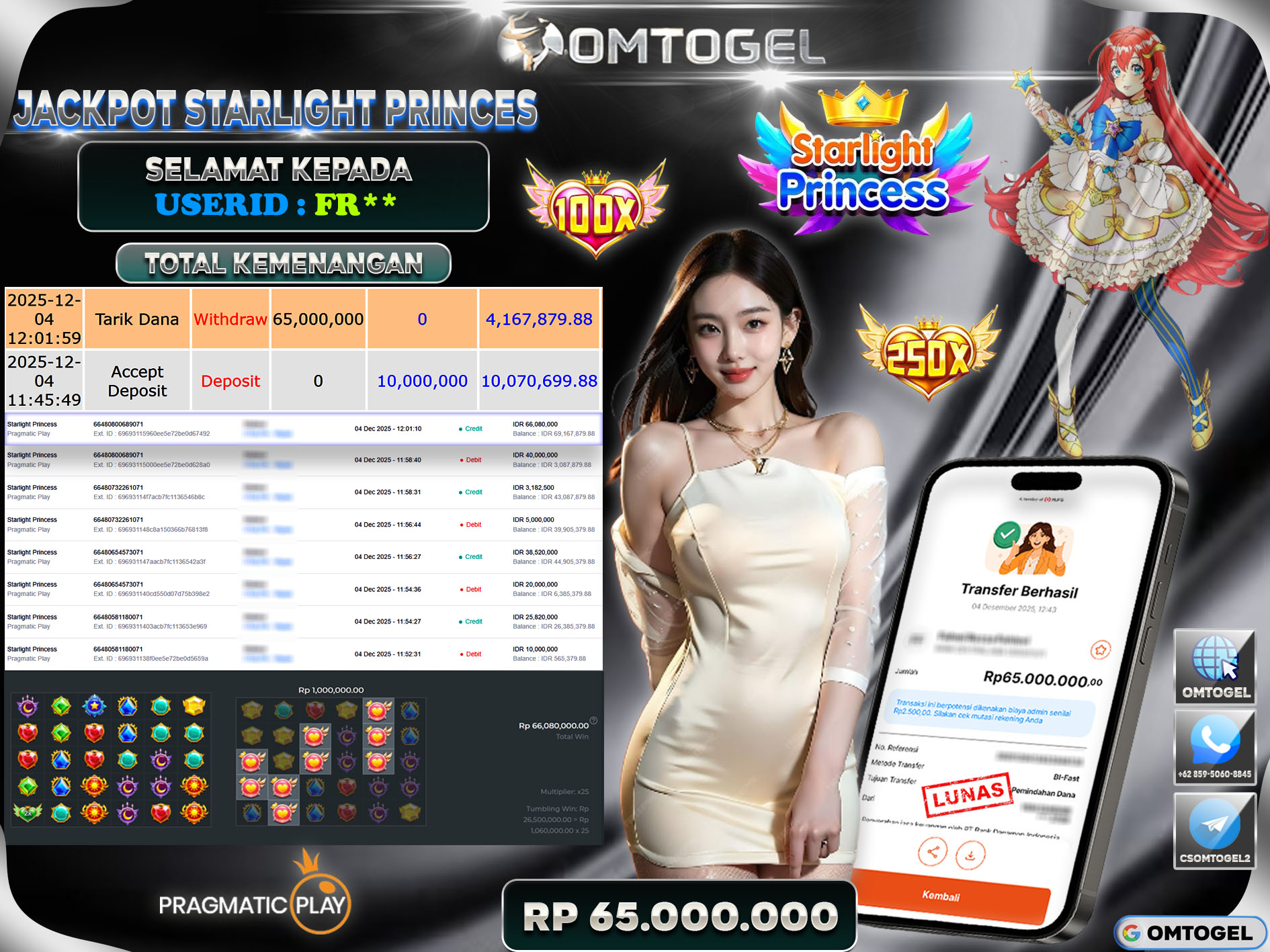 OMTOGEL JACKPOT PRAGMATIC PLAY STARLIGHT PRINCESS  ,65 JUTA DI BAYAR LUNAS ,-