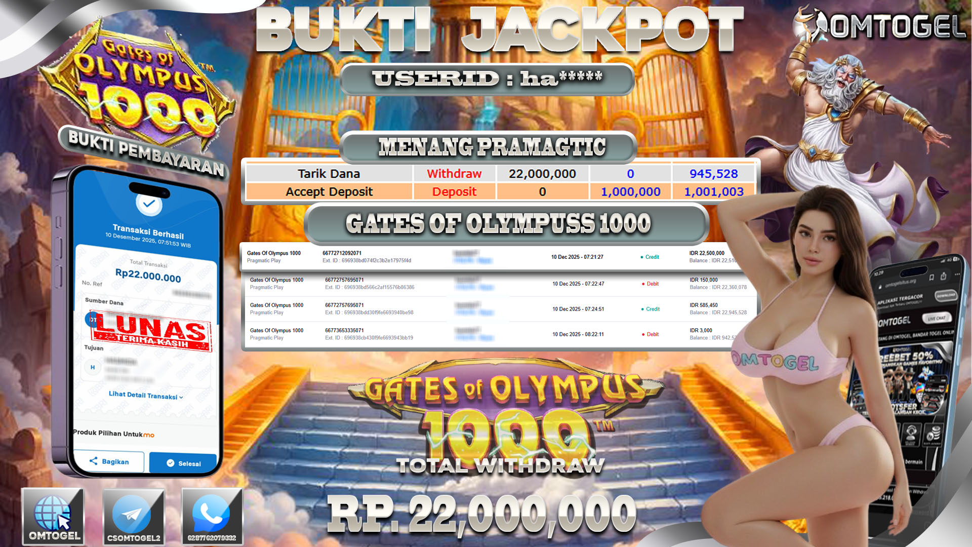 OMTOGEL JACKPOT PRAGMATIC PLAY GATES OF OLYMPUS 1000  ,22 JUTA DI BAYAR LUNAS ,-