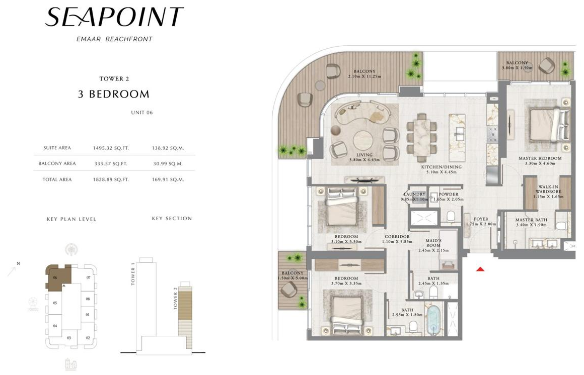 Seapoint - Tower 2 detailed keyplan layout for a 3-BR apartment residence showing unit positioning within the tower at Emaar Beachfront, presented as a Distress Deal opportunity