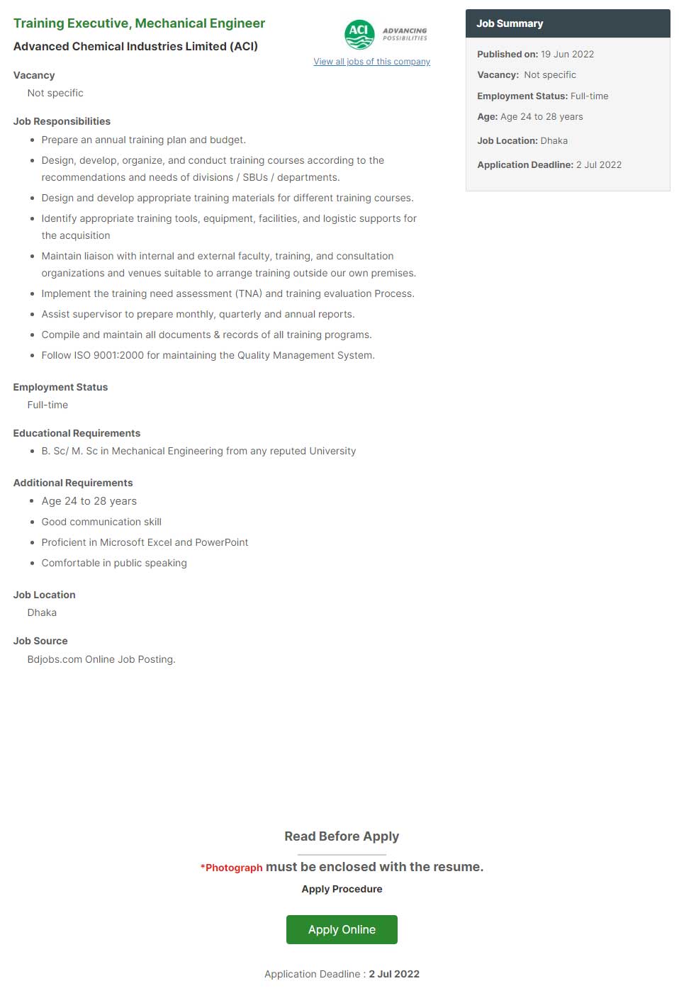 Mechanical Engineer Advanced Chemical Industries Limited job 2022