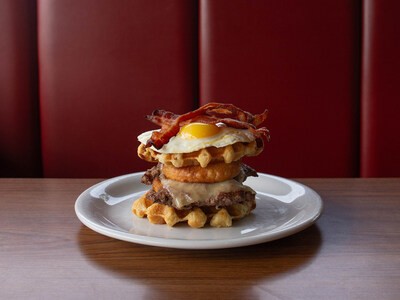Denny's National Waffle Week celebration with creative waffle sandwich builds