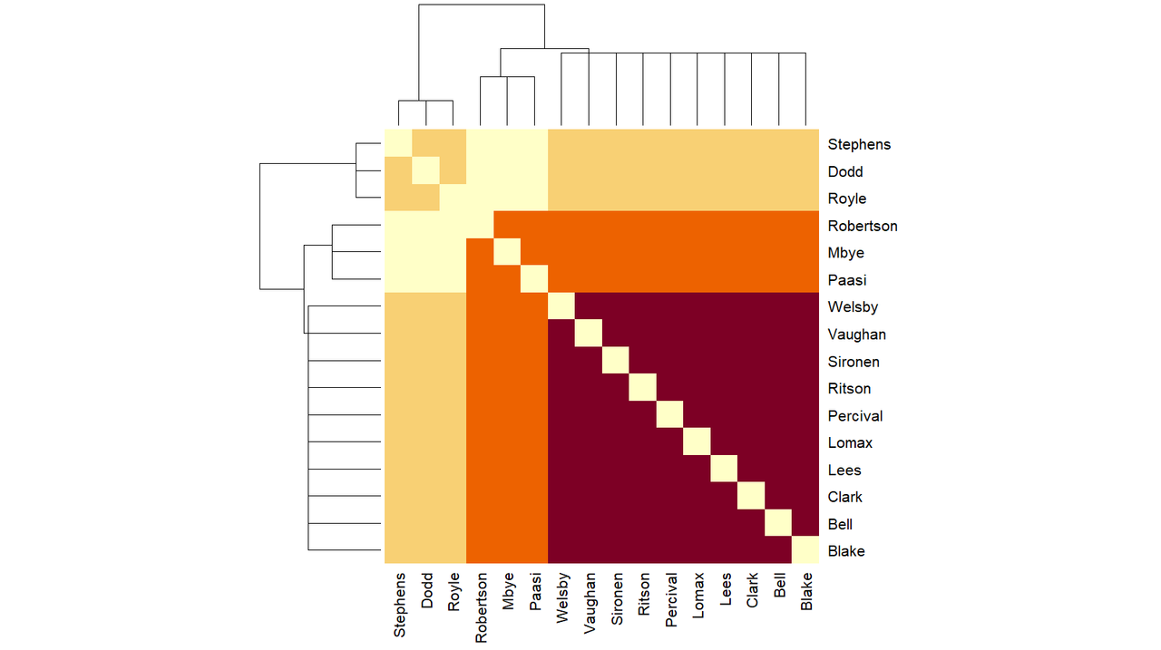 Matrix chart of Saints players who played together when Saints scored in game 20.  The darkest chunk is Welsby, Vaughan, Sironen, Ritson, Percival, Lomax, Lees, Clark, Bell and Blake.  Then there is the orange chunk of next most often together, who are Robertson, Mbye and Paasi.  The palest, least-commonly together group are Stephens, Dodd and Royle, but the really interesting thing is the pale zone that shows Robertson, Mbye and Paasi did not play with Stephens, Dodd and Royle.
