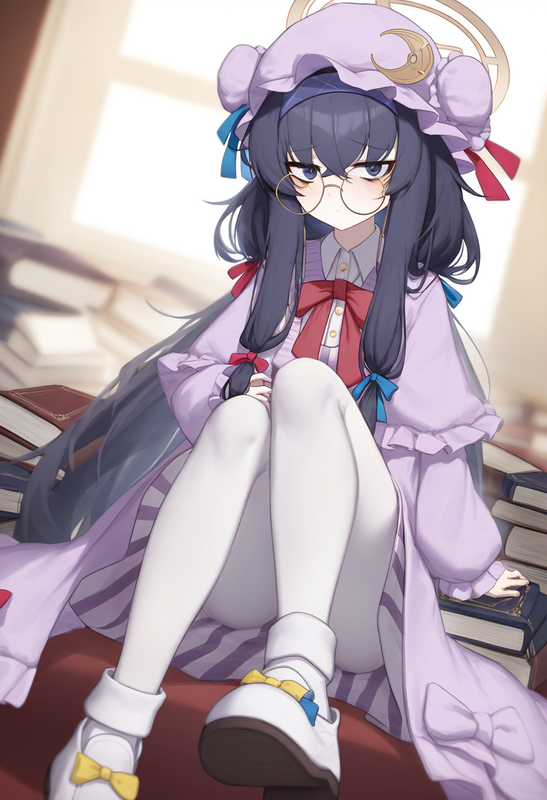 depth of field, 1girl, {ui(blue archive)}, patchouli knowledge (cosplay), {borro s-1849144172