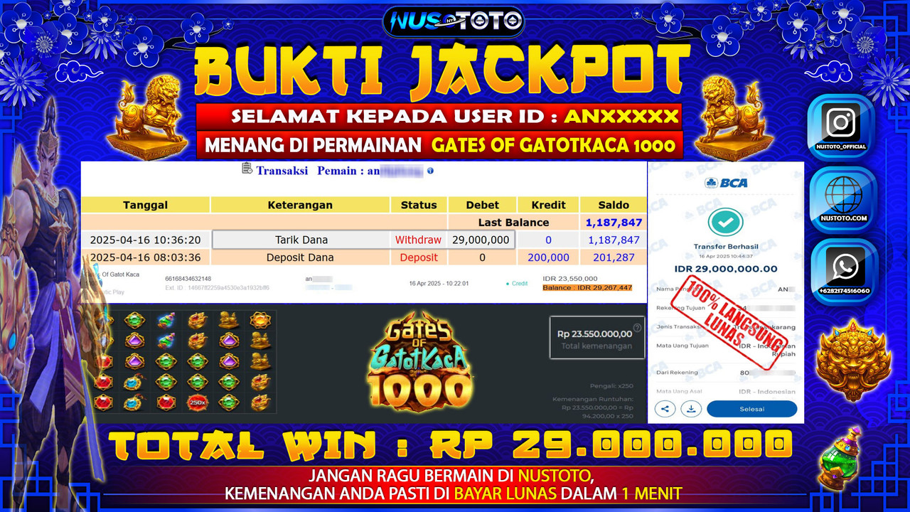 JACKPOT !! MENANG BESAR DI SLOT GATES OF GATOTKACA 1000 Rp. 29.000.000 LANGSUNG DI BAYAR LUNAS NUSTOTO !!