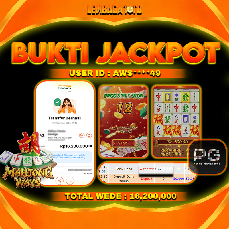 BUKTI JACKPOT 10 DECEMBER LEMBAGATOTO MAHJONG WAYS Rp16,200,000,- LUNAS